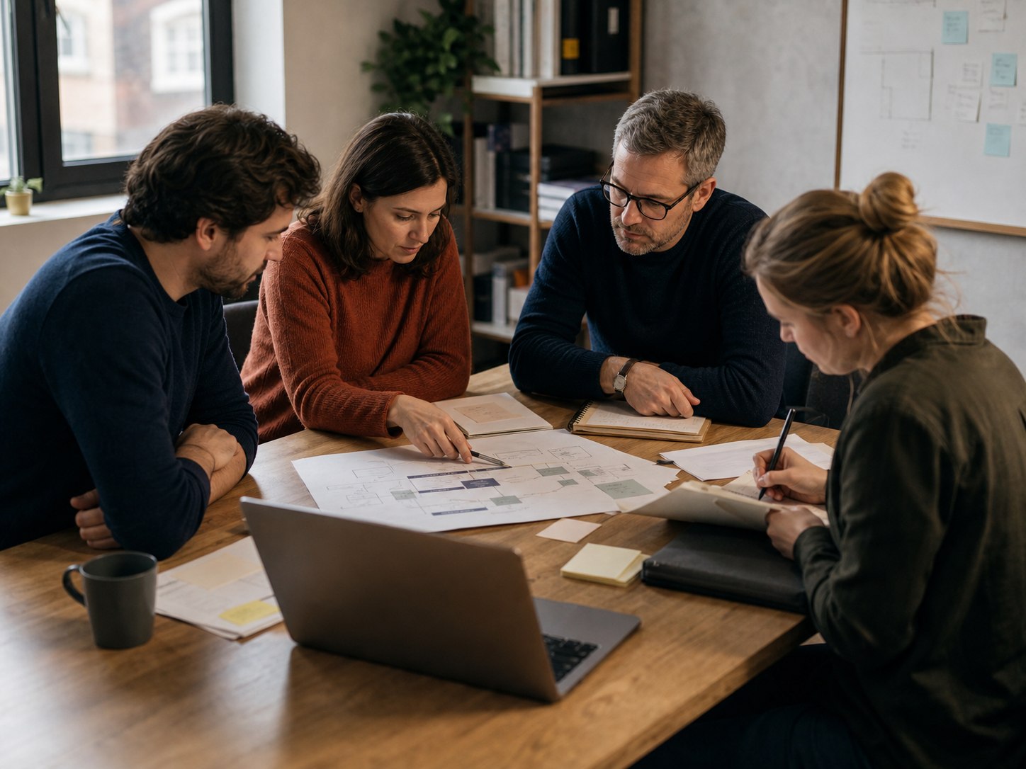Four software project professionals discussing product structure and testing priorities around a table.
