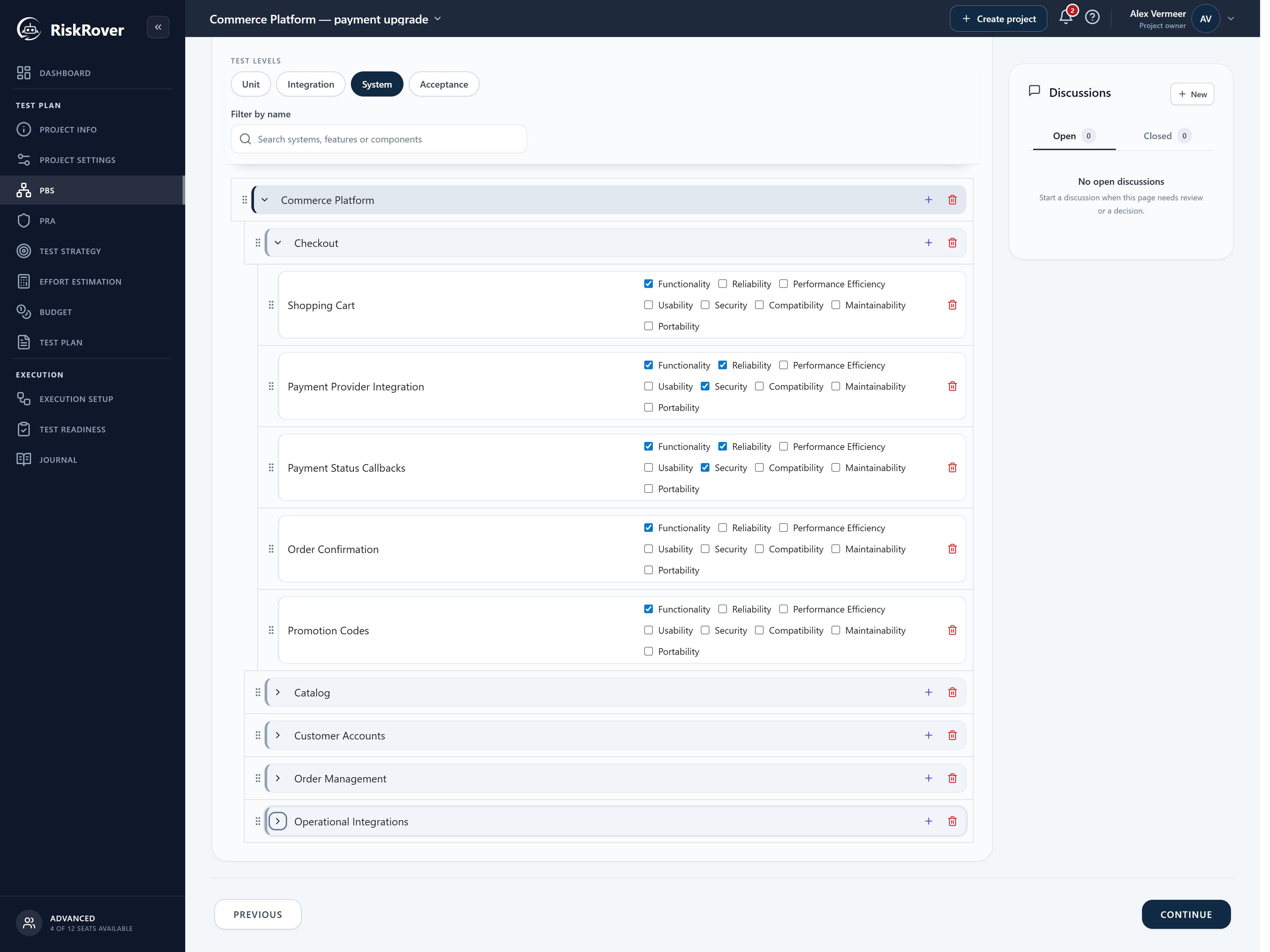 Full RiskRover application showing the existing commerce product and two new payment components, with Payment Provider Integration highlighted.