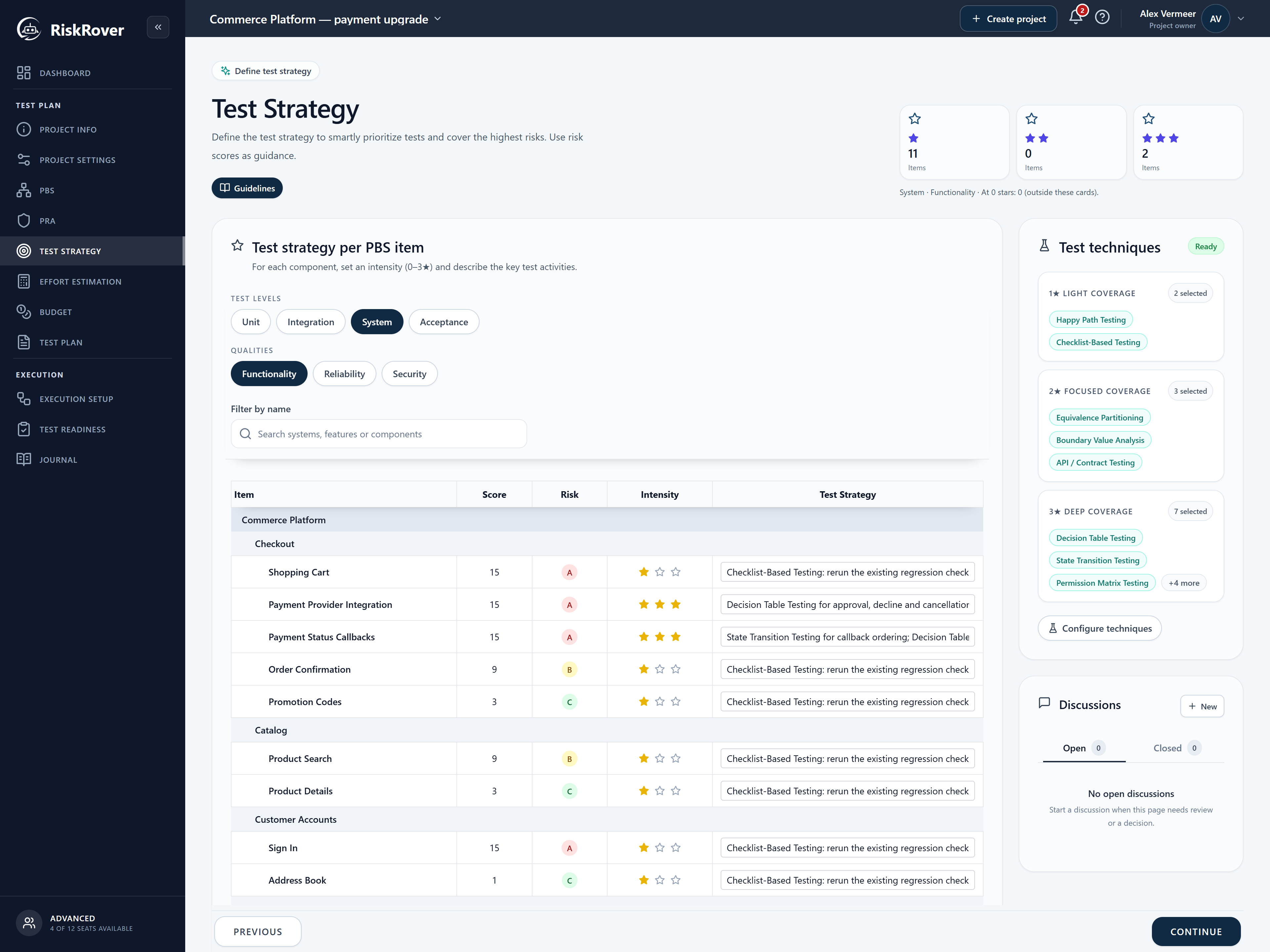 Full RiskRover Test Strategy showing built-in technique choices, Deep testing for the new payment integration and lighter regression for existing components.
