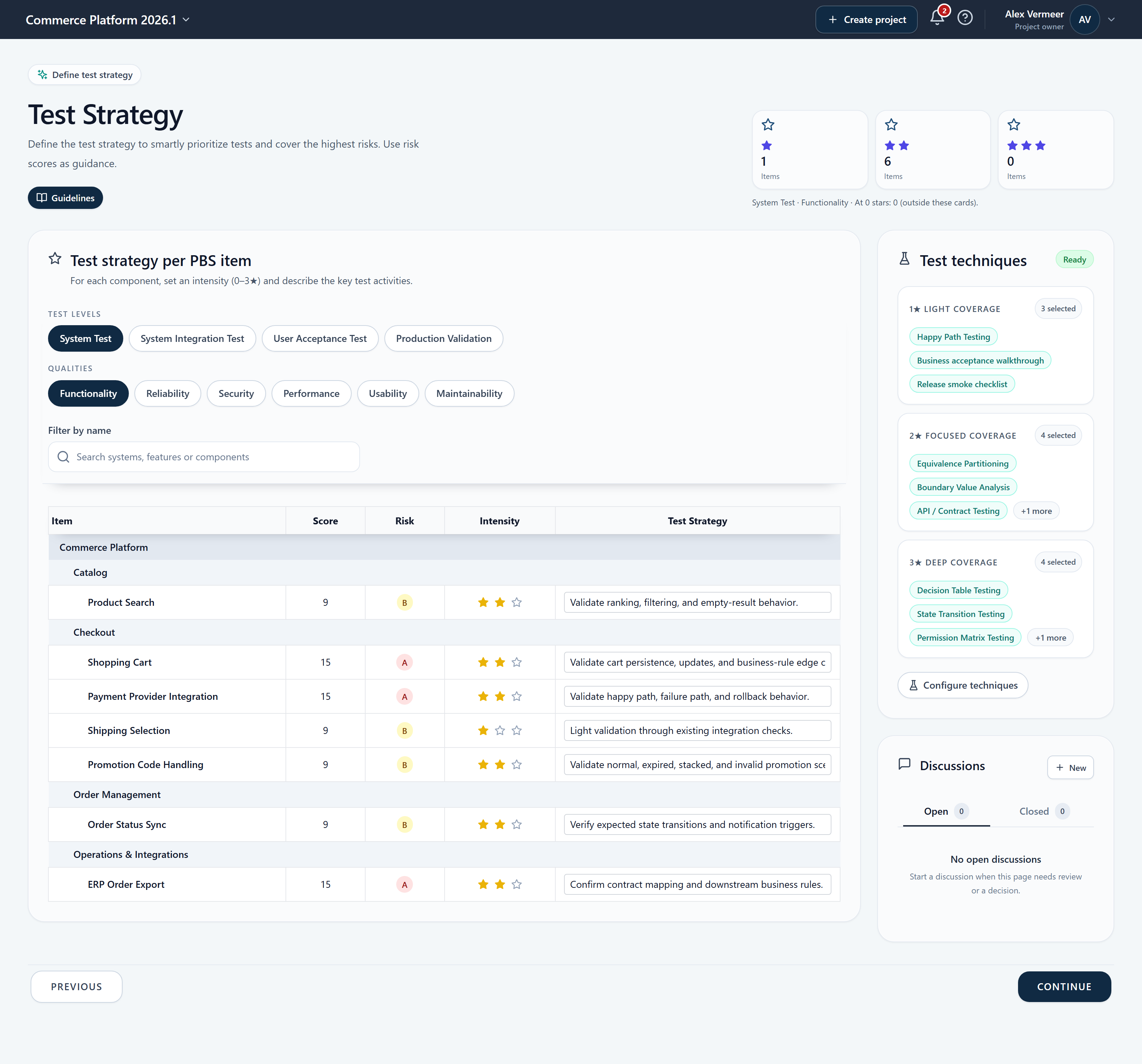 RiskRover test strategy screen using fictional Commerce Platform project data.