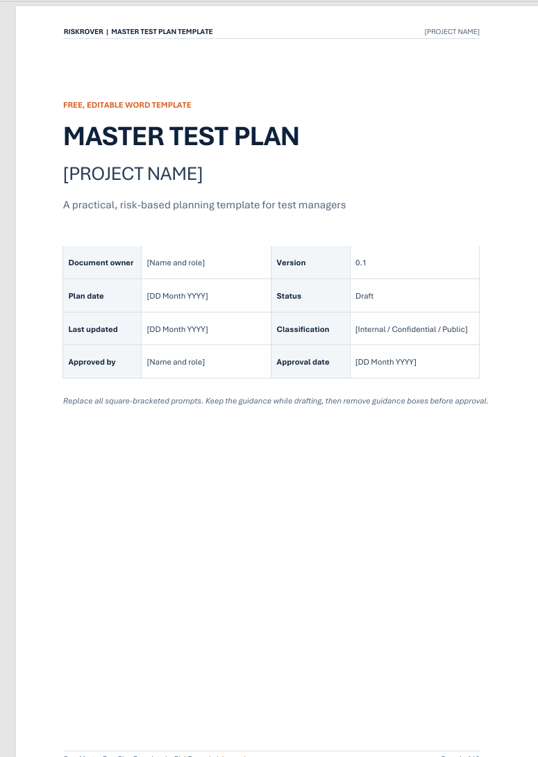 Preview of the RiskRover Master Test Plan Word template